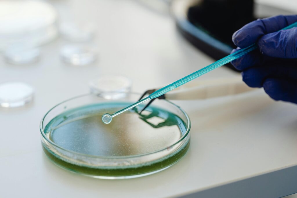 Scientist conducting an experiment with a pipette and petri dish in a lab.